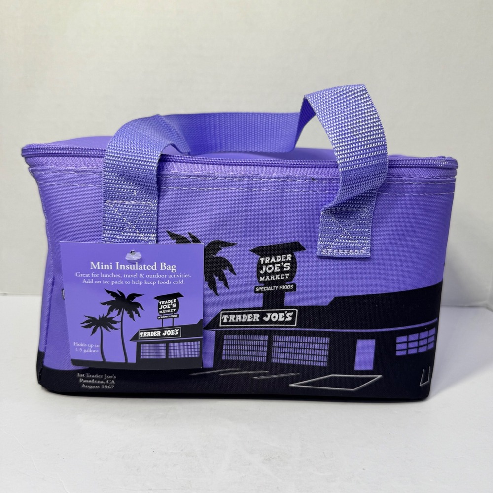 Trader Joes Mini Insulated Bag Purple Palm Tree 1.5 Gallon Lunch Cooler Tote NWT